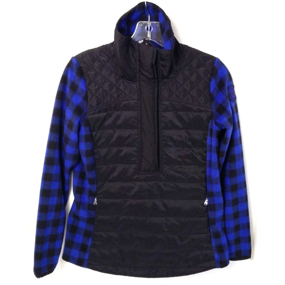 L-RL Lauren Active Jacket Wm PS Blue Black Check 1/2 Zip Quilted Fleece Outdoors